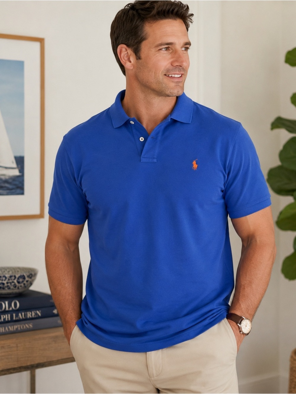 Polo Ralph Lauren Classic Fit Blue Cotton Polo Shirt XL Orange Pony